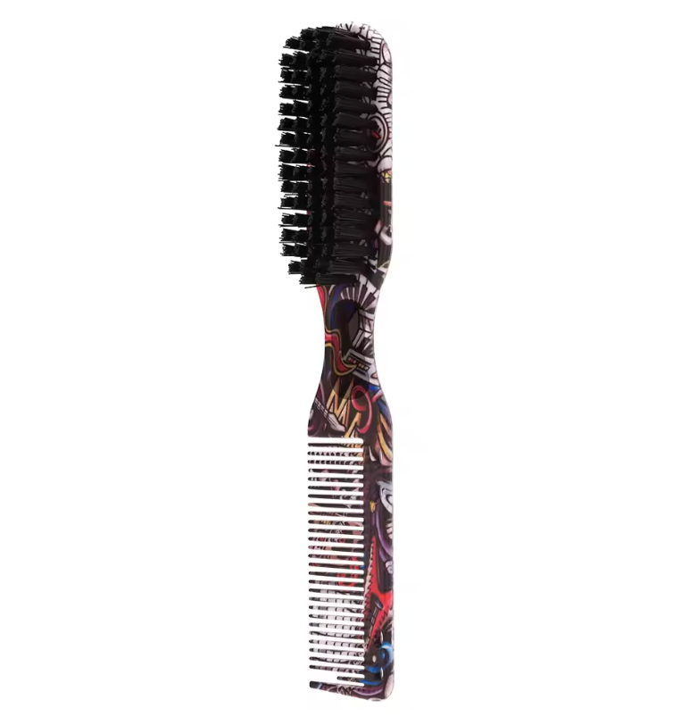 Professional Double-Sided Beard Styling Brush & Comb for Men – Printed Pattern Grooming Tool | Barber Hair Removal Comb for Beard Shaping, Styling & Broken Hair Cleaning (Red)