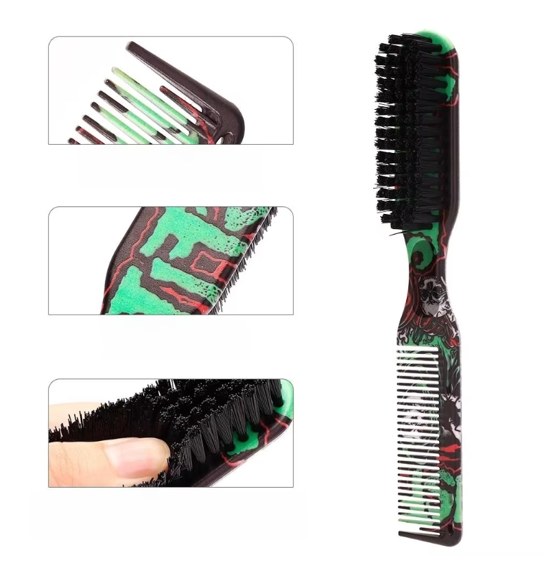 Professional Double-Sided Beard Styling Brush & Comb for Men – Printed Pattern Grooming Tool | Barber Hair Removal Comb for Beard Shaping, Styling & Broken Hair Cleaning (Green)