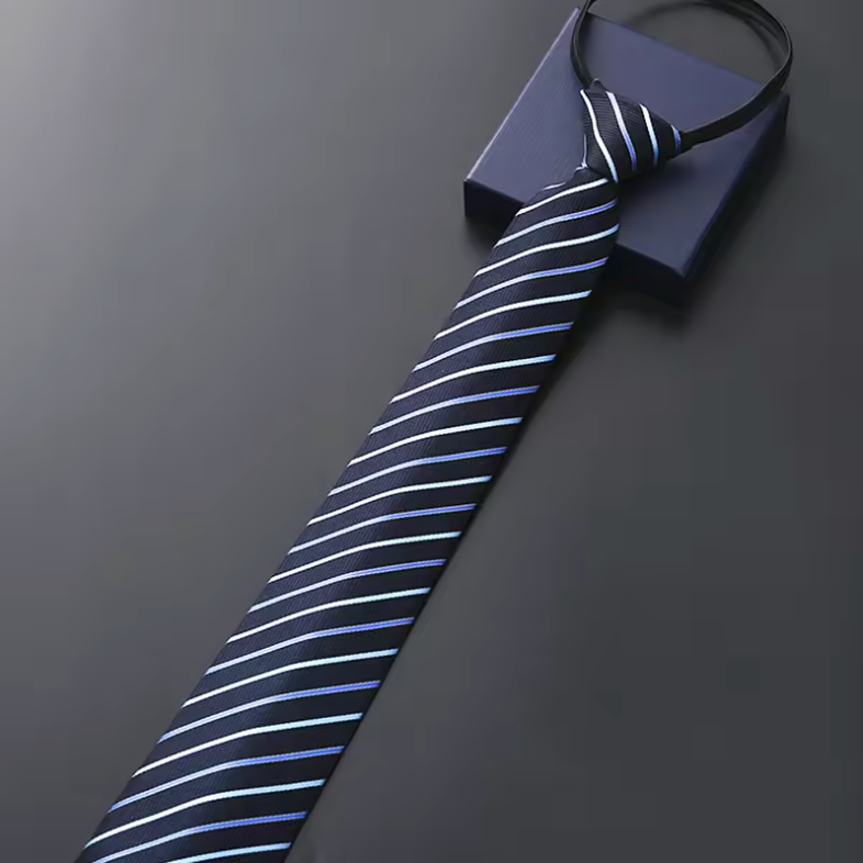Elegant 8CM Pre-Tied Zipper Necktie for Men – Blue, Black & Red Striped Business Dress Tie | Adjustable Lazy Tie for Weddings, Office & Formal Events (Stripe 1)