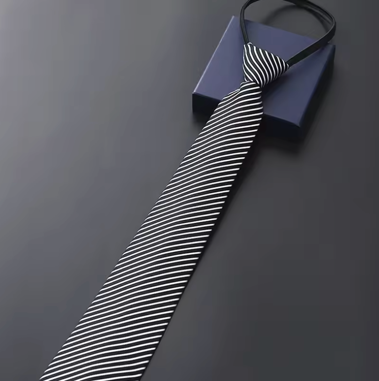 Elegant 8CM Pre-Tied Zipper Necktie for Men – Blue, Black & Red Striped Business Dress Tie | Adjustable Lazy Tie for Weddings, Office & Formal Events (Stripe 2)