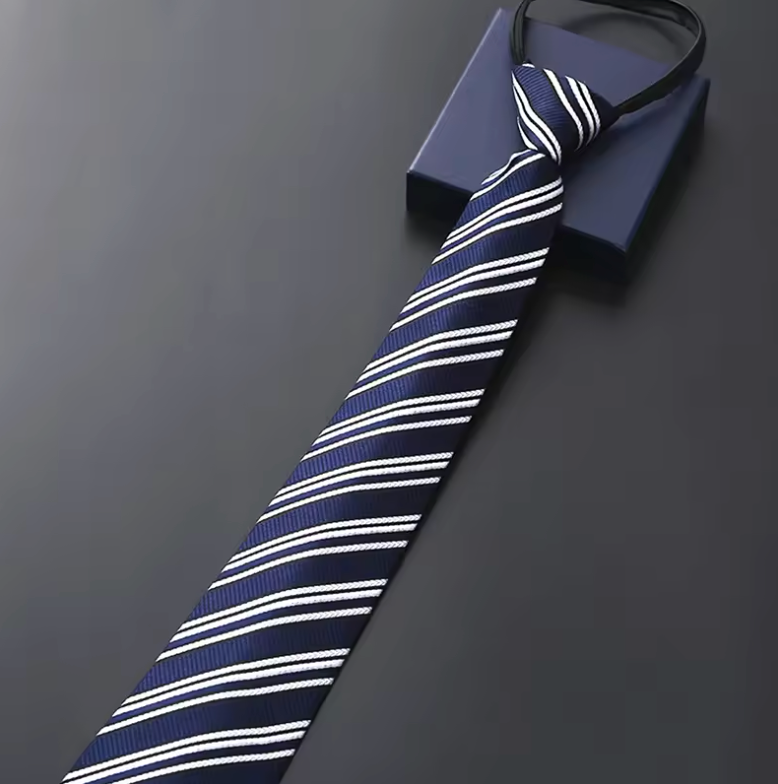 Elegant 8CM Pre-Tied Zipper Necktie for Men – Blue, Black & Red Striped Business Dress Tie | Adjustable Lazy Tie for Weddings, Office & Formal Events (Stripe 3)