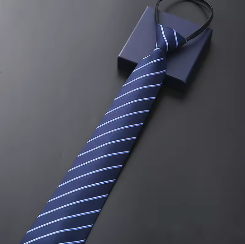 Elegant 8CM Pre-Tied Zipper Necktie for Men – Blue, Black & Red Striped Business Dress Tie | Adjustable Lazy Tie for Weddings, Office & Formal Events (Stripe 4)