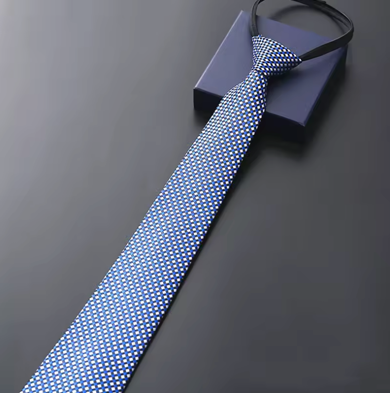 Elegant 8CM Pre-Tied Zipper Necktie for Men – Blue, Black & Red Striped Business Dress Tie | Adjustable Lazy Tie for Weddings, Office & Formal Events (Blue 2)